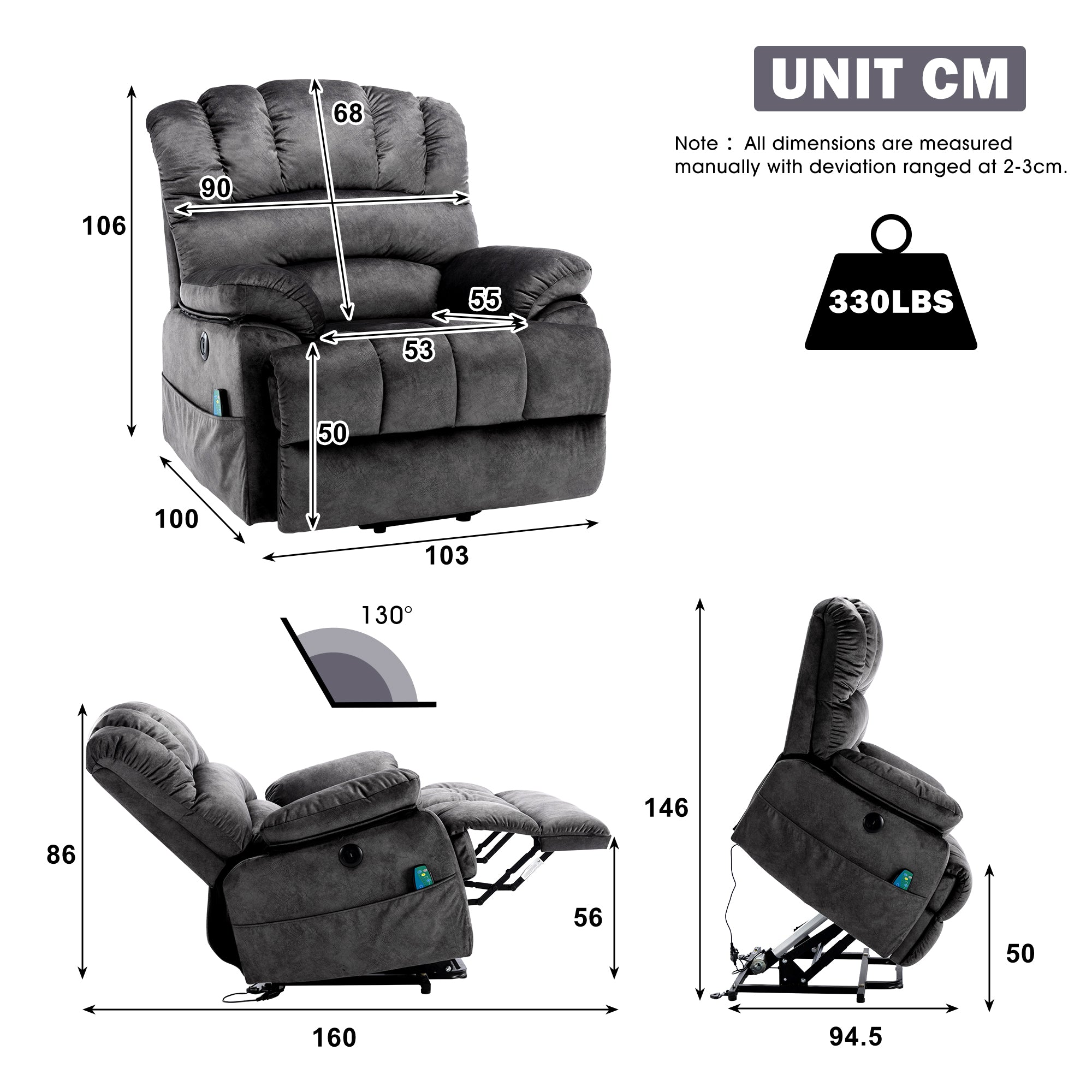 Electric Power Lift Recliner Chair Sofa With Massage And Heat For Elderly, 2 Side Pockets, USB Ports