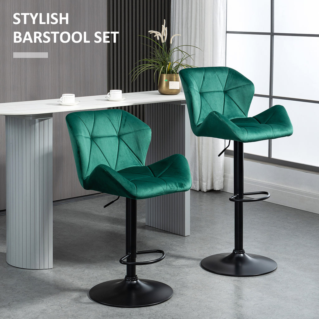 Urban thrif Bar Stools Set Of 2, Velvet-Touch Barstools With Metal Frame Footrest And Adjustable Height, Green