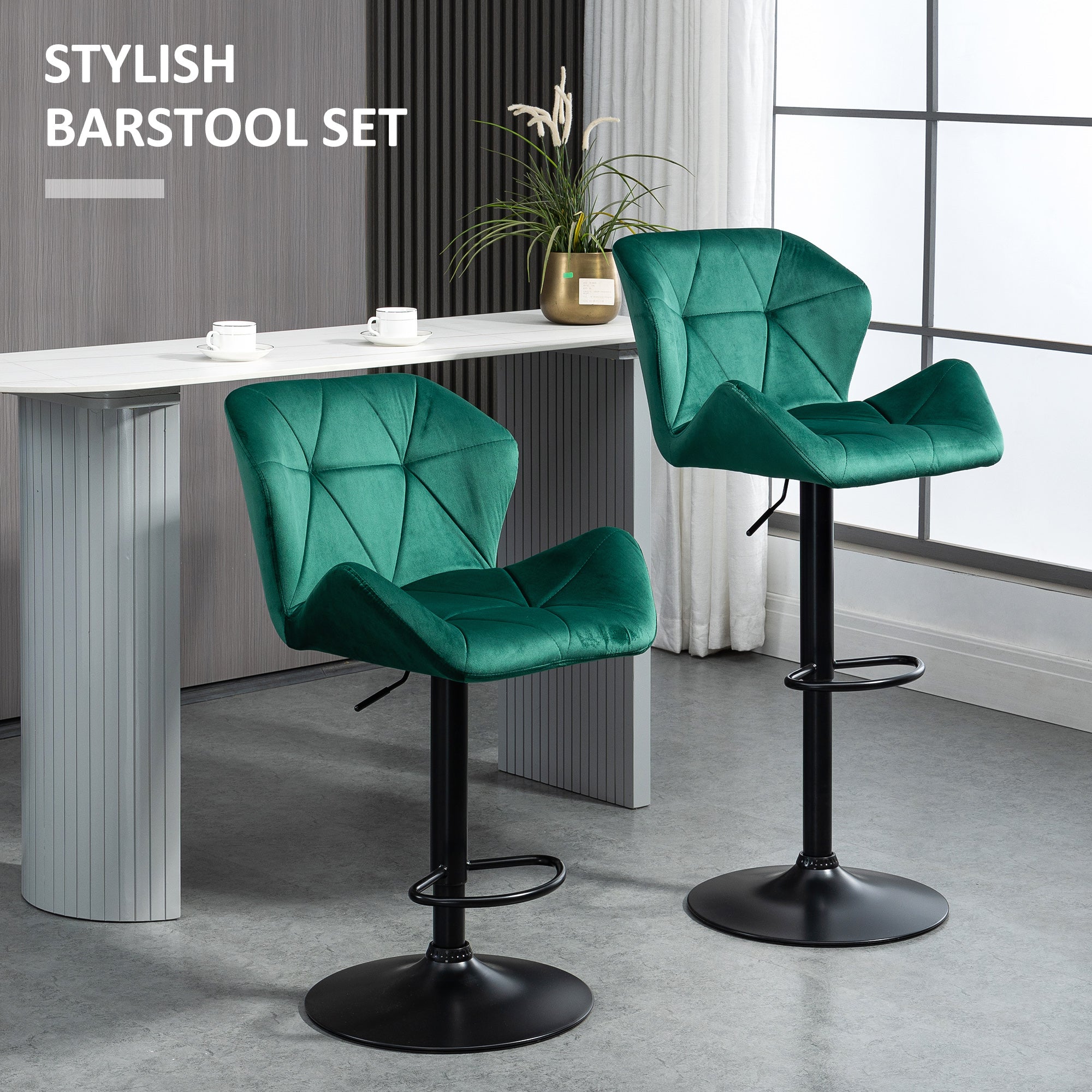 Urban thrif Bar Stools Set Of 2, Velvet-Touch Barstools With Metal Frame Footrest And Adjustable Height, Green