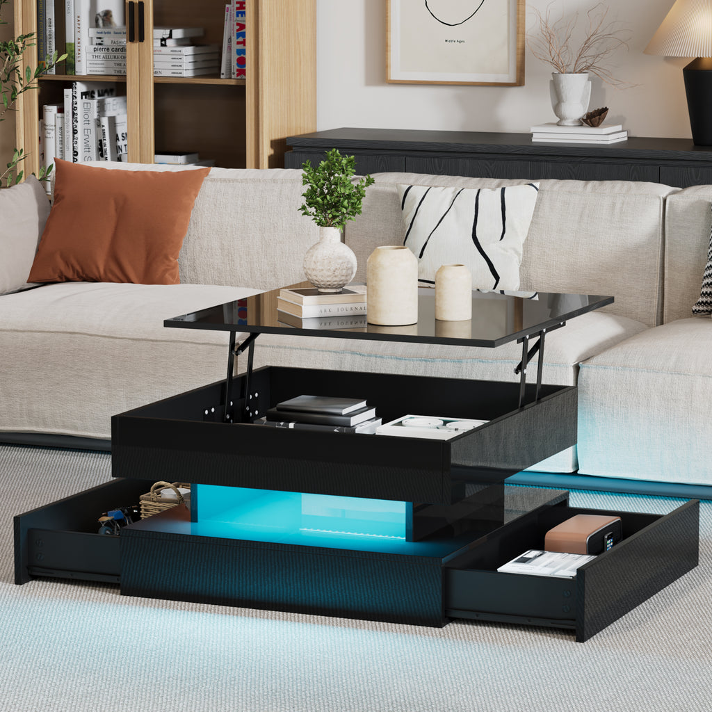 65 X 65 X 38.5 Cm Liftable Living Room Table, Side Table, High-gloss Coffee Table With LED Light Strip, Sofa Table With 2 Drawers, Coffee Table With Geometric Design And Hidden Storage Space, Black