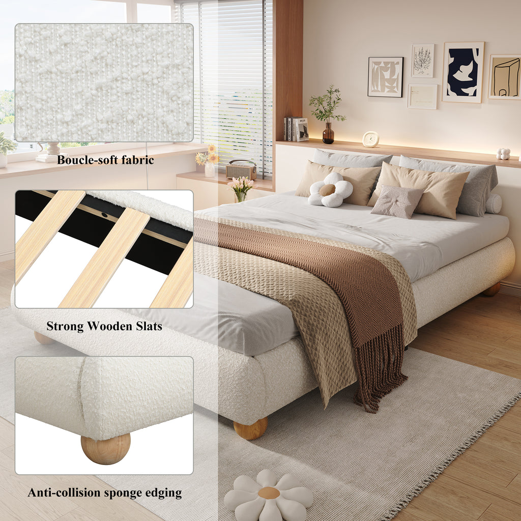 Upholstered Bed, 4ft6 Double Bed 135x190cm, Sturdy Bed Slats, Comfortable Soft Bed, Boucle  MDF Plywood, Beige