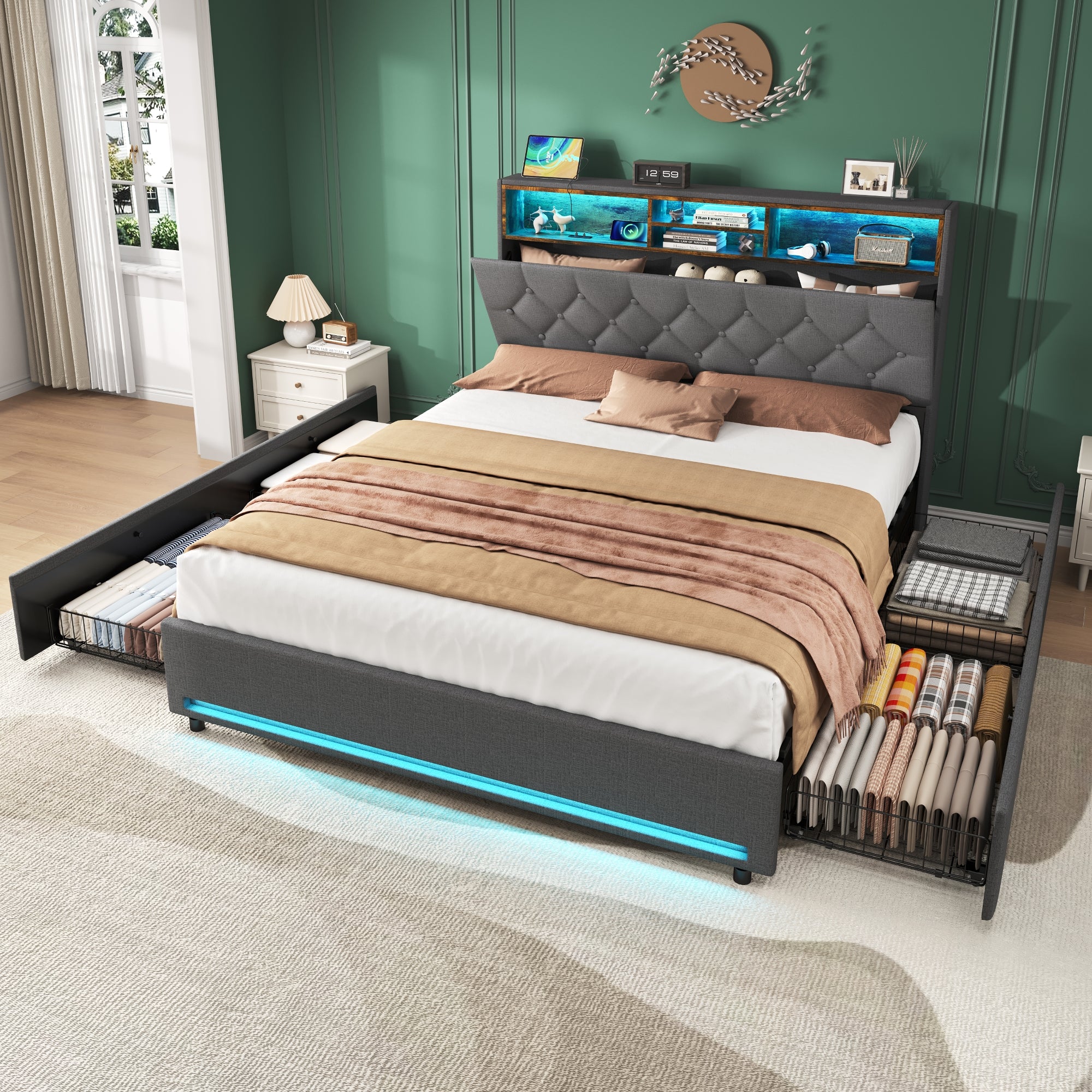 4ft6 Double Bed With 4 Storage Drawers, Bed Frame With Concealed Headboard Storage, Button Tufted Headboard With RGB LED Lighting And Charging Station, Linen, Grey No Mattress