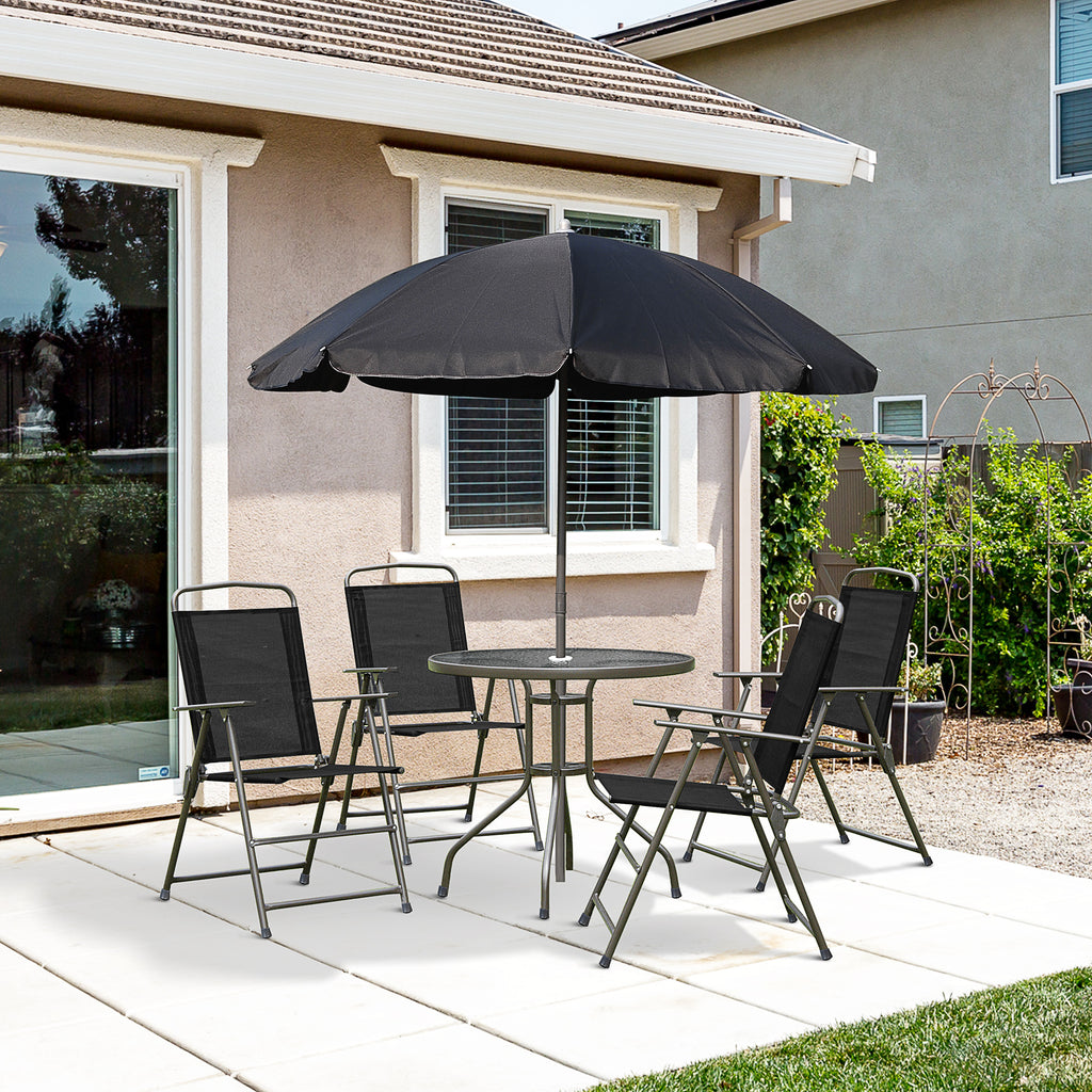 6 Piece Garden Dining Set With Umbrella, Patio Sets With Parasol With 4 Folding Dining Chairs & Round Tempered Glass Table, Black