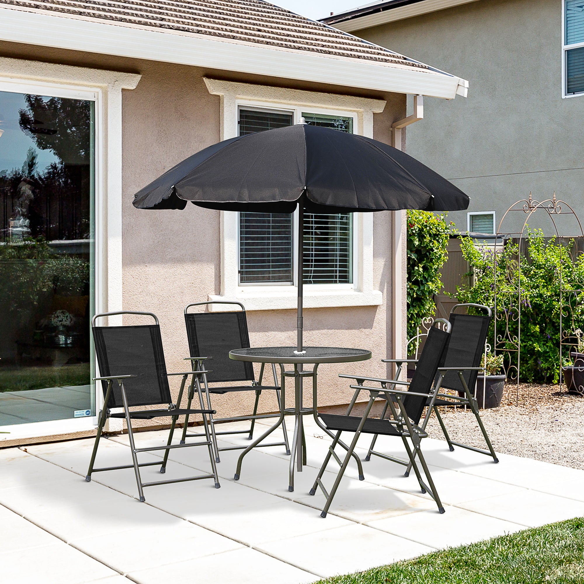 6 Piece Garden Dining Set With Umbrella, Patio Sets With Parasol With 4 Folding Dining Chairs & Round Tempered Glass Table, Black
