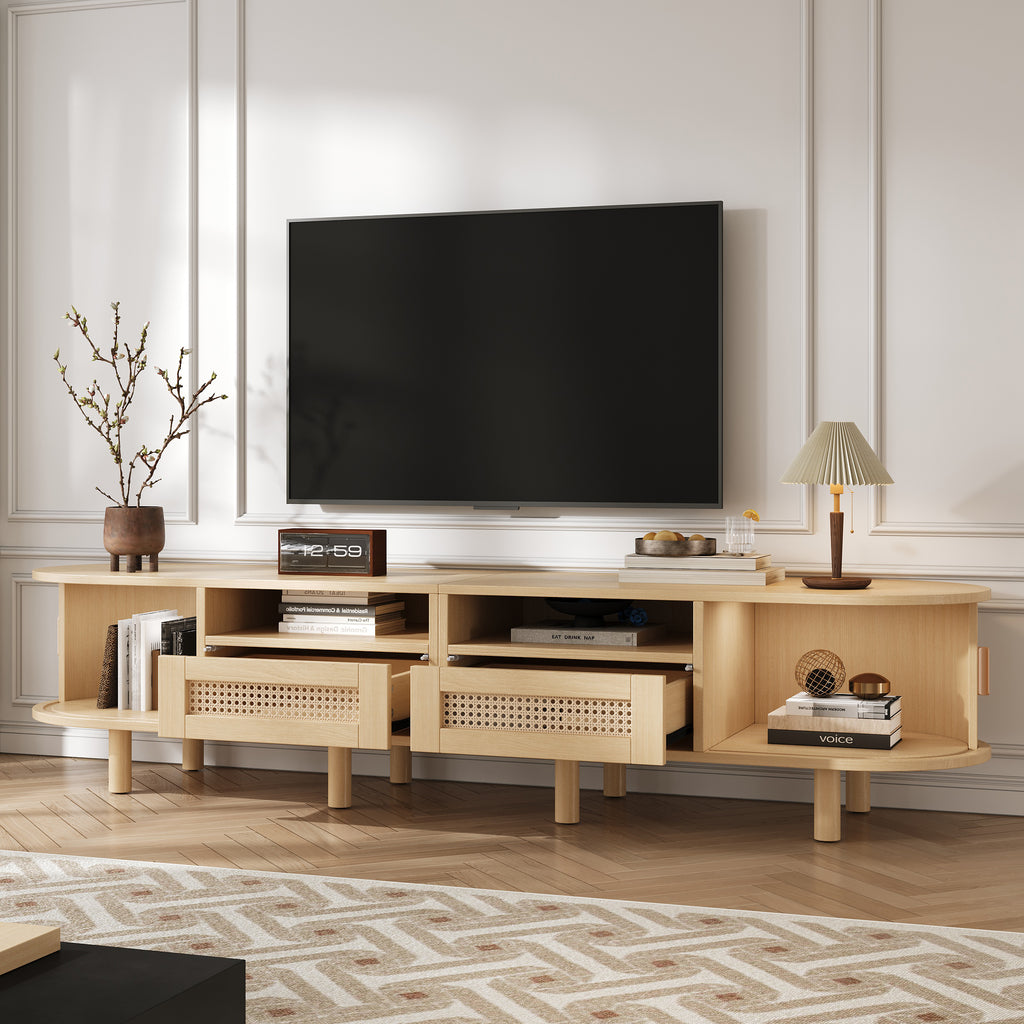 TV Stand With 2 Rattan Drawer And 2 Sliding Doors,Oval TV Cabinet Storage Sideboard With Rounded Corners For Livingroom, 170x40x40cm, Oak,MDF, Weight Capacity 30kg, Suitable For 70inch TV