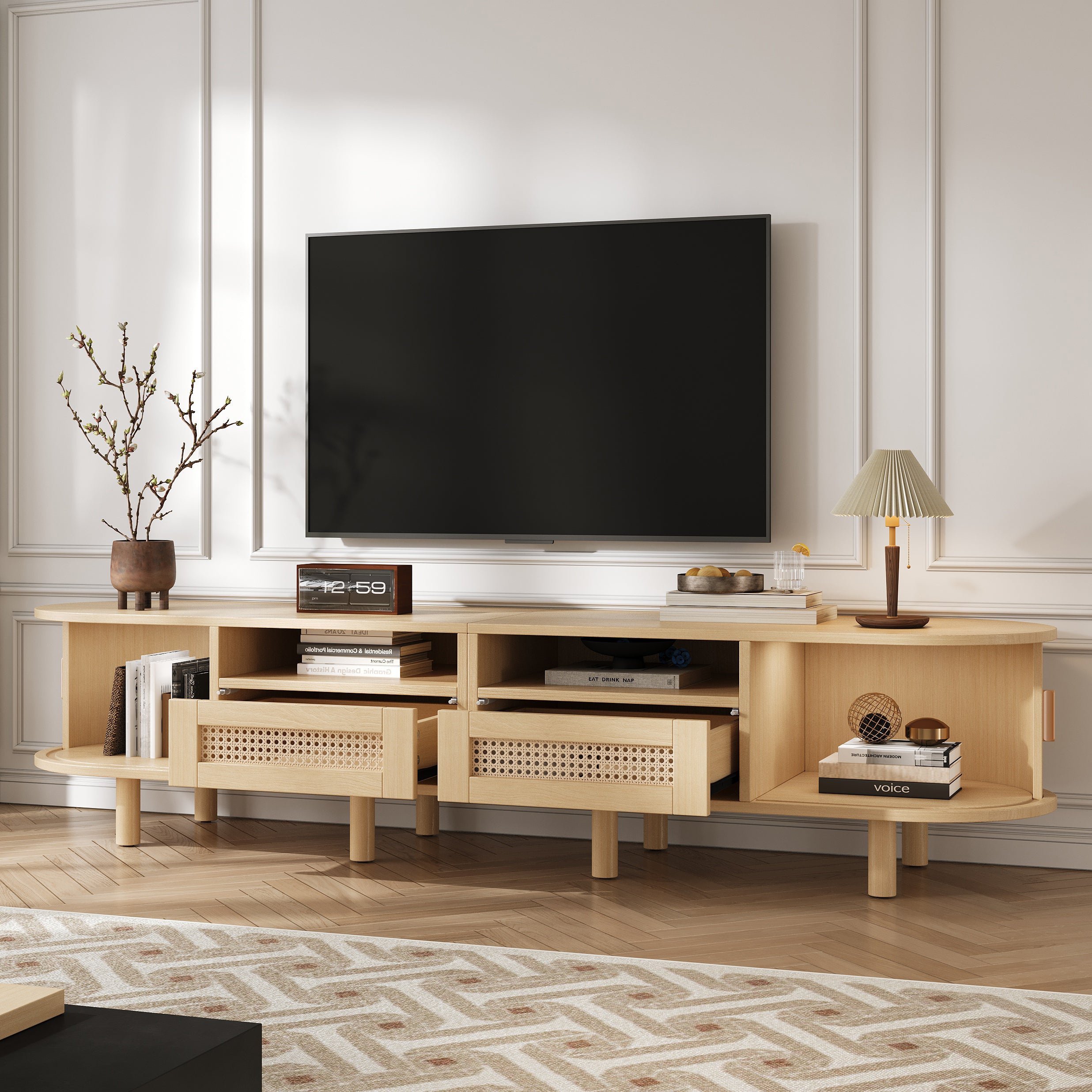 TV Stand With 2 Rattan Drawer And 2 Sliding Doors,Oval TV Cabinet Storage Sideboard With Rounded Corners For Livingroom, 170x40x40cm, Oak,MDF, Weight Capacity 30kg, Suitable For 70inch TV