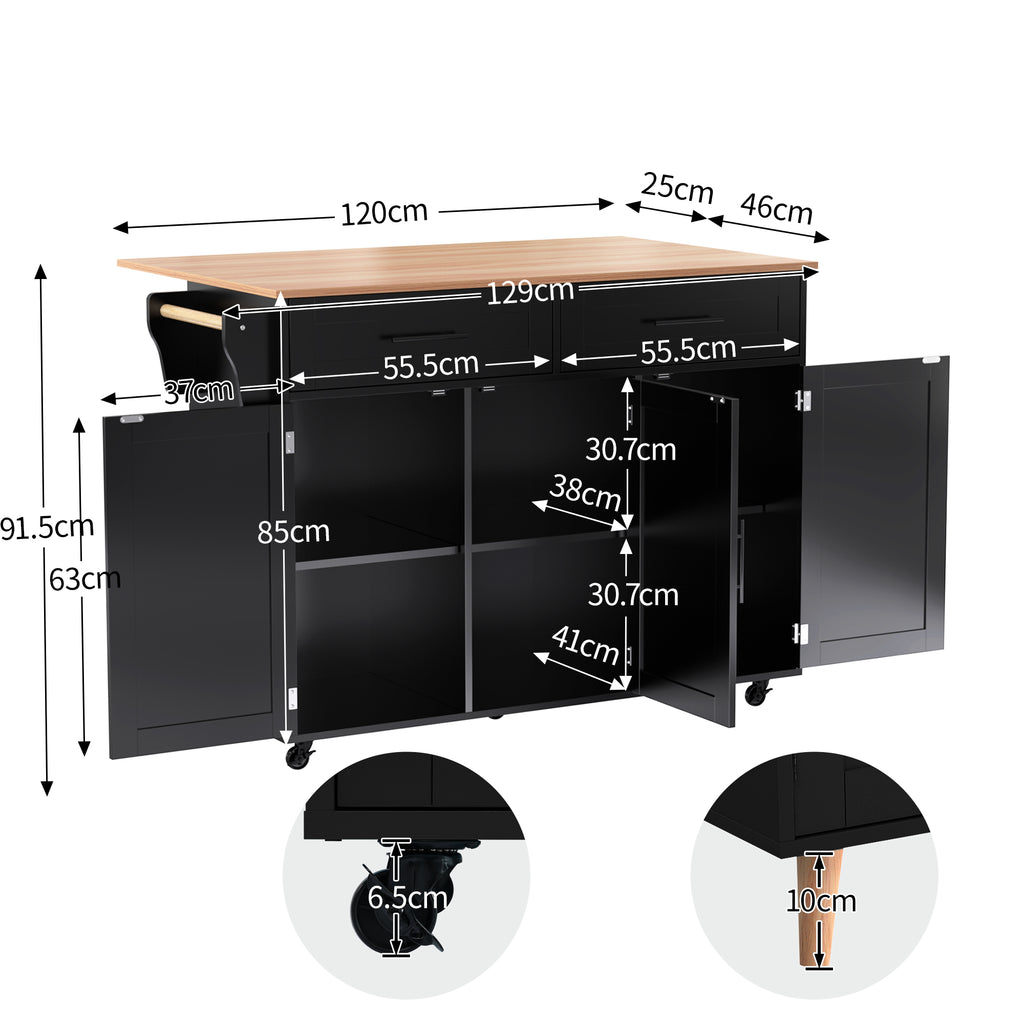 129x46   71x91cm Kitchen Island On Wheels, With Foldable Tabletop, Adjustable Shelves, Rolling Trolley With Storage Cabinets And 2 Drawers, For The Dining Room Living Room