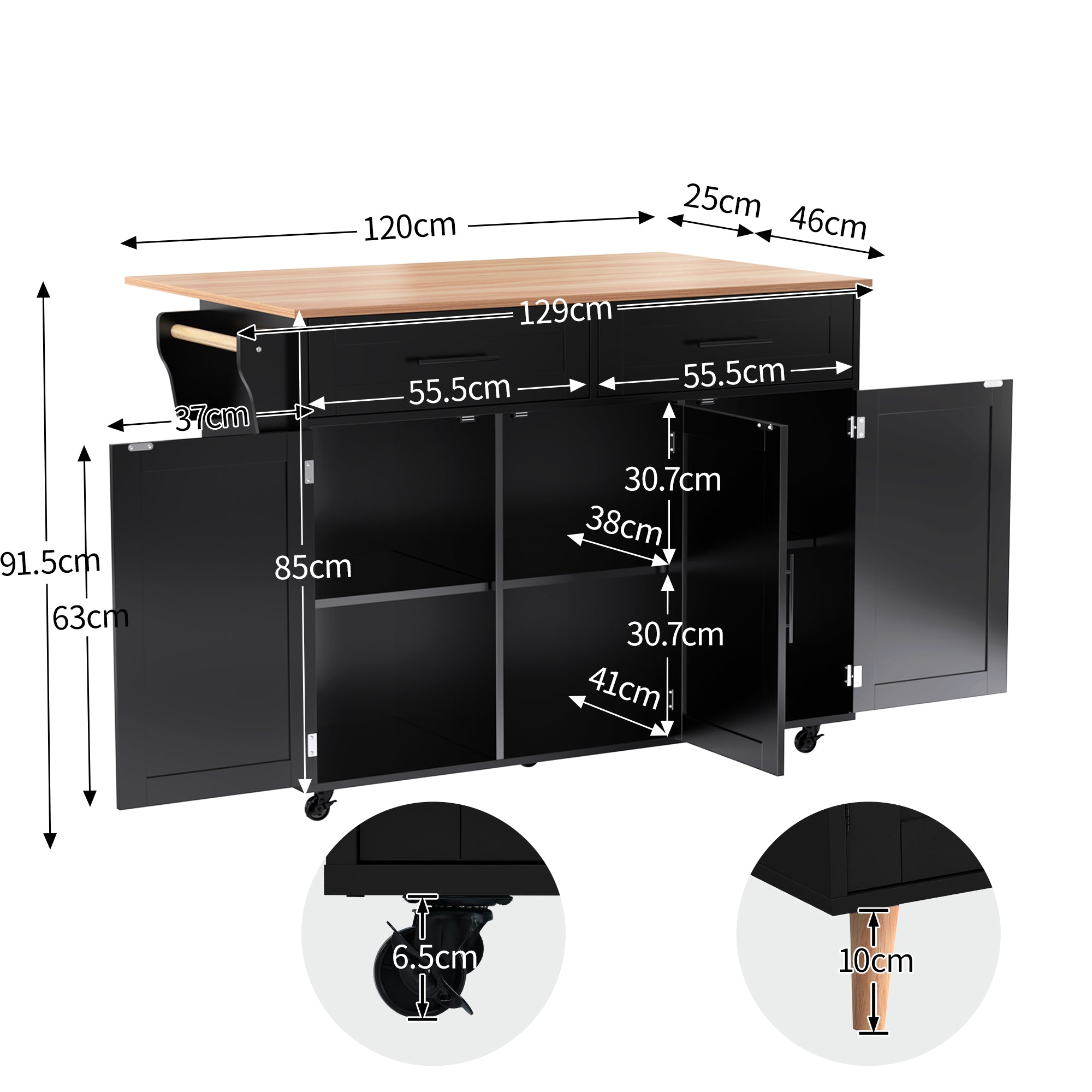 129x46   71x91cm Kitchen Island On Wheels, With Foldable Tabletop, Adjustable Shelves, Rolling Trolley With Storage Cabinets And 2 Drawers, For The Dining Room Living Room