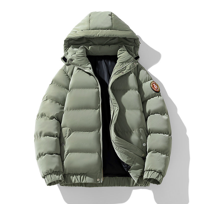 Solid-color Hooded Cotton-padded Coat Mens Puffer Jacket Velcro Straps